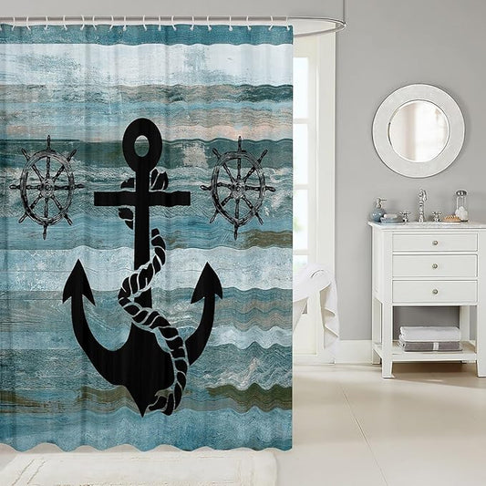 Feelyou Anchor Nautical Shower Curtain Vintage Plank Blue Fabric Shower Curtain Kids Boys Girls Wooden Retro Green Bathroom Waterproof Accessories with 12 Hooks Rustic Farmhouse Curtains,72x78 Inches