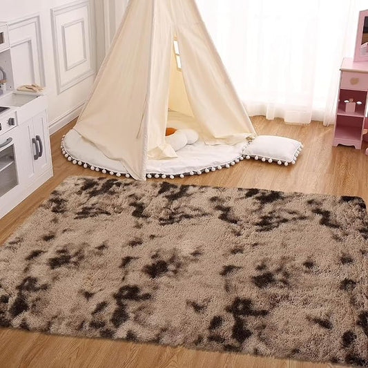Fluffy Area Rug for Living Room 8x10 Feet, Fluffy Shaggy Rugs for Bedroom Soft Plush Fuzzy Carpet Indoor Modern Faux Fur Rugs Non Slip Home Decor Rug for Kids Girls Nursery, Tie Dye Brown