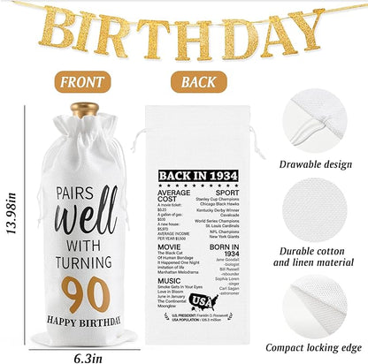 Lifecapido 90th Birthday Gifts for Women, Vintage 1934 Limited Edition Insulated Wine Tumbler with Wine Bag, Gifts for 90 Year Old Woman, 90th Birthday Gift Ideas for Mom Grandma Wine Lover, 12 oz