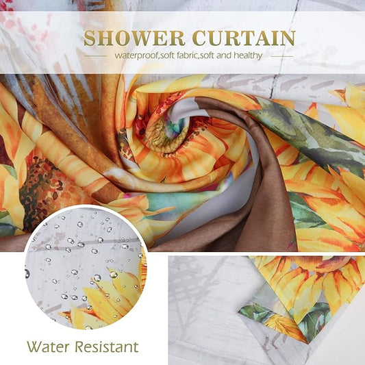 Aimego Stall Small Shower Curtain - Farmhouse Funny Cute Cow Sunflower Rustic Wooden Country Narrow Half Fabric Cloth Shower Curtain Set for Bathroom Decor Accessories Bath Curtain, 36"x72"