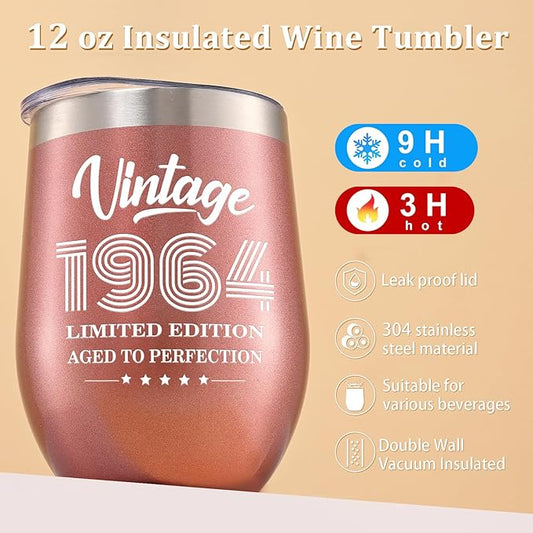 Lifecapido 60th Birthday Gifts for Women, Vintage 1964 Limited Edition Insulated Wine Tumbler with Wine Bag, 60 Year Old 60th Birthday Presents Christmas Gifts for Mom Grandma Wine Lover, 12 oz