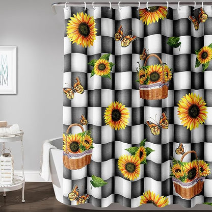 AILONEN Sunflower Shower Curtain for Bath Curtain,Black and White Grid Butterfly Bath Curtain,Garden Flower Yellow Floral Waterproof Shower Curtain 72" W x 96" H