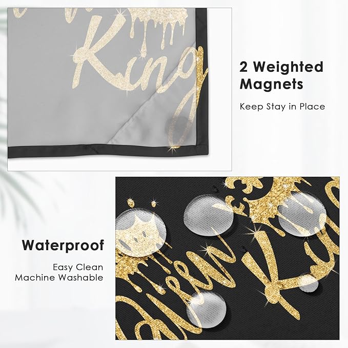 King and Queen No Hook Shower Curtain with Snap in Liner, Black and Gold Glitter Bath Curtain with Double Layers Waterproof Fabric and Mesh Top Window 71x74 Inch