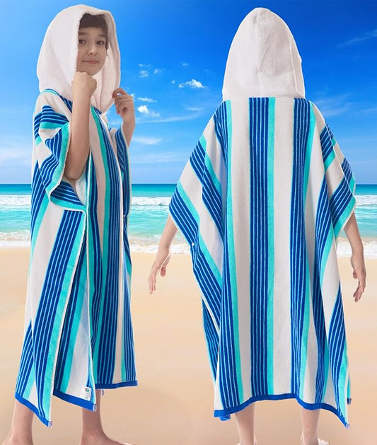 VOOVA & MOVAS Poncho Towels with Hood - Teens Hooded Pool Towel Robe (8-16Years), Large and Absorbent Cotton - Versatile for Beach, Pool, Swim, and Bath, Blue&White Stripe