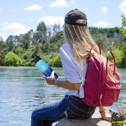 Farsea Insulated Water Bottle with Straw Lid & Spout Lid & Paracord Handle, Stainless Steel Water Bottle Wide Mouth, Double Wall Sweat-Proof BPA-Free, 40 oz, Gradient Mint + Blue