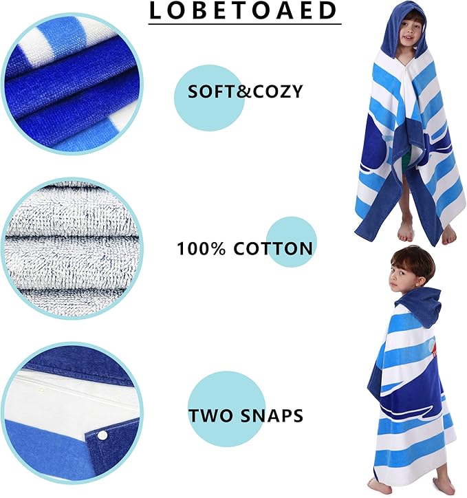 Kids Hooded Beach Bath Towel, Baby Surf Poncho Toddlers Soft Real Cotton Wrap Hooded Towels for Kids Boy Girl