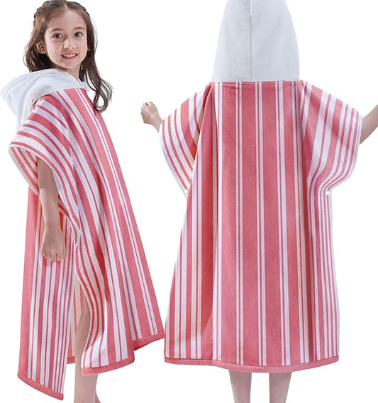 VOOVA & MOVAS Big Girl | Teens Towels with Hood (8-16Years), Large Thick and Absorbent Cotton Hooded Pool Towel Robe- Versatile for Pool, Swim, and Bath, Pink and White Cabana Striped