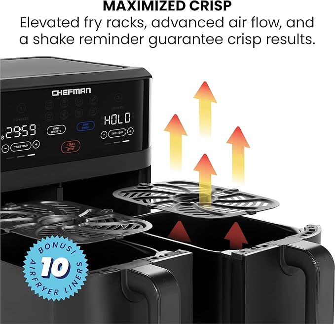 Chefman TurboFry Touch Dual Air Fryer, Maximize The Healthiest Meals With Double Basket Capacity, One-Touch Digital Controls And Shake Reminder For The Perfect Crispy And Low-Calorie Finish