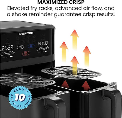 Chefman TurboFry Touch Dual Air Fryer, Maximize The Healthiest Meals With Double Basket Capacity, One-Touch Digital Controls And Shake Reminder For The Perfect Crispy And Low-Calorie Finish