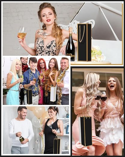 Megitzuu 12 Pack Wine Bottle Gift Bags - Wine Bags with Gold Foil Design, Reusable Bottle Totes for Fathers Day, 13.8"x4"x4" Kraft Paper Wine Bag with Handles for Birthday Party Wedding Bridal Shower