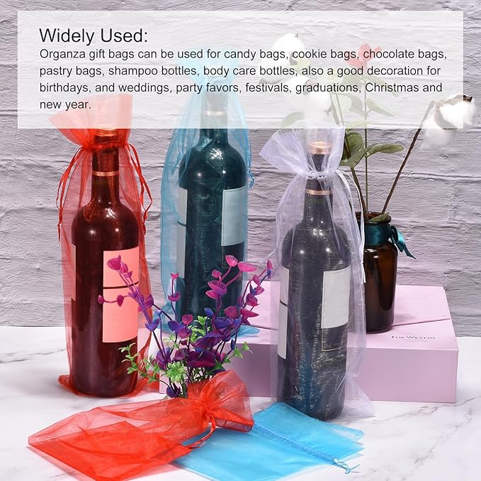 uxcell Organza Wine Bags, 12PCS 14.5 x 5.5 In Pink Sheer Mesh Organza Wine Wrapping Bags With Drawstring Wine Gift Pouches for Bottle Birthday, Wedding Party
