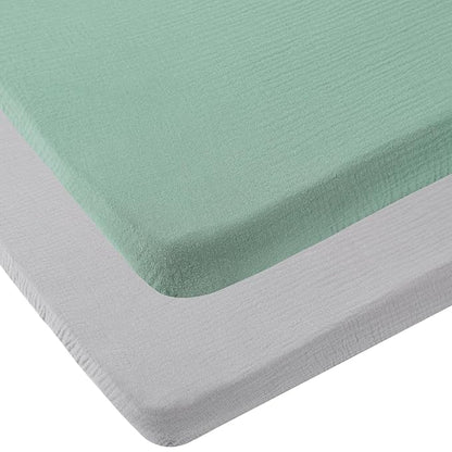 Muslin Pack n Play Sheets Soft Breathable 100% Cotton Mini Crib Fitted Sheets Portable/Convertible Playard Mattress Cover 2 Pack for Baby Boy and Girl, Grey and Green
