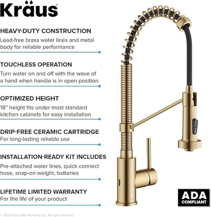 KRAUS Bolden Touchless Sensor Commercial Style Pull-Down Single Handle 18-Inch Kitchen Faucet in Brushed Brass, KSF-1610BB