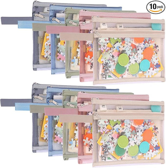 EOOUT 10 Pack Colored Mesh Zipper Pouch Bags, A5 Double-Layer Nylon Puzzle Organizers and Storage Building Block Board Game Storage Breathable Clear Zipper Bags for Office Home Games