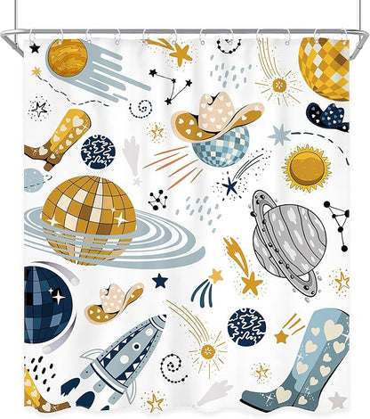 Kids Western Planet Shower Curtain 60Wx72L Inch Boy Disco Outer Space Retro Cool Cowgirl Cowboy Funny Galaxy Universe Wild West Bathroom Set Unique Bath Curtain Bathtub Accessories Home Decor
