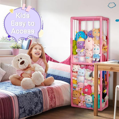 Trycooling Stuffed Animal Storage Zoo Stuffed Animal Holder Space Save Vertical Stuffed Animals Storage PVC with Elastic Band and Net for Playroom Birthday Gift for Bedroom Nursery (Pink 1)