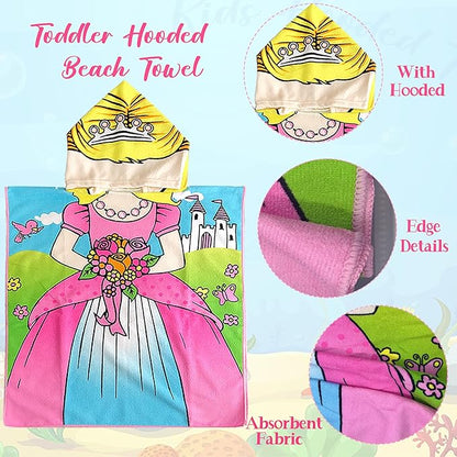 Flower Princess Beach Towel for Ages 2-4, Cute Castle Kids Hooded Bath Towel, 47.2" x 23.6" Super Absorbent Toddler Bath Towel