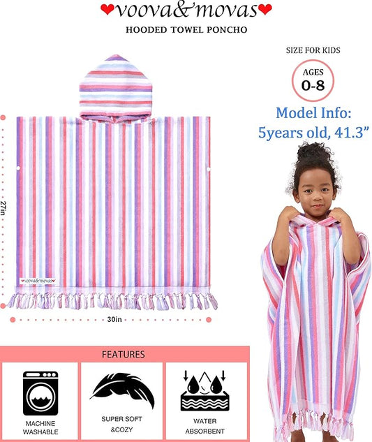 Hooded Bath Towel Poncho (4-8Years) - Soft, Absorbent Premium Turkish Cotton Thick Swim Towel Robe with Hood for Kids, Perfect for Bathroom | Pool | Swimming, Jacquard, Color Stripe with Tassels