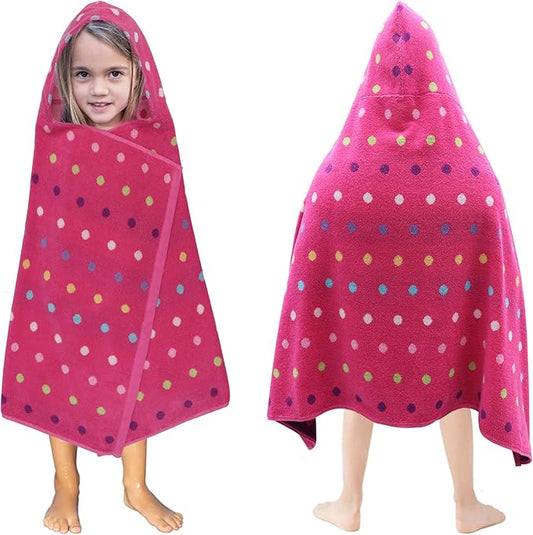 Hooded Bath Towel Wrap - 100% Cotton Jacquard Reversible Large Hooded Kids Towel - Toddler Shower Pool Beach Towel - Soft Plush Absorbent Quick Dry Easy Care Gift -26x50- Pink Multicolor