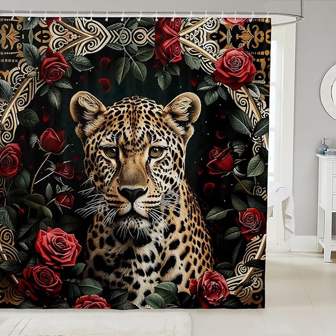 Feelyou Rose Leopard Bathroom Shower Curtain Set Boys Leopard Shower Curtain Leopard Bath Curtain for Kids Boys Girls Wild Leopard Kids Bathroom Accessories Wild Animal 72"x72"