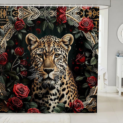 Feelyou Rose Leopard Bathroom Shower Curtain Set Boys Leopard Shower Curtain Leopard Bath Curtain for Kids Boys Girls Wild Leopard Kids Bathroom Accessories Wild Animal 72"x72"