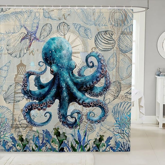 Feelyou Octopus Fabric Shower Curtain Sea Themed Shower Curtain for Kids Boys Girls Shells and Corals Bathroom Waterproof Accessories with 12 Hooks Blue and Brown Curtains,72X84 Inches