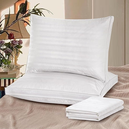 UNIKOME Goose Feathers and Down Pillows with 2 Gusseted Outer Protectors, White Cotton Fabric Bed Pillows for Back Stomach Side Sleepers, Standard/Queen, 20 x 28 inches, Pack of 2