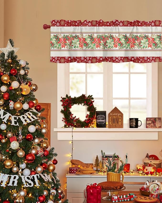 Watercolor Poinsettia Christmas Valance Curtains for Kitchen Windows Red Xmas Winter Holiday Rod Pocket Window Treatment Toppers for Kitchen/Living Room/Bedroom/Bathroom, 60" X 18", Gold White