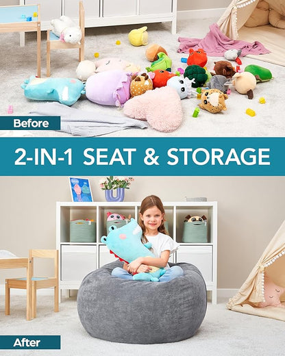 Stuffed Animal Bean Bag Storage (No Filler) - Machine Washable Kids Bean Bag Chair Cover Makes Extra Large Bean Bag Chair Stuff Toys & Soft Items - Stuffed Animal Holder for Kids -Grey Corduroy