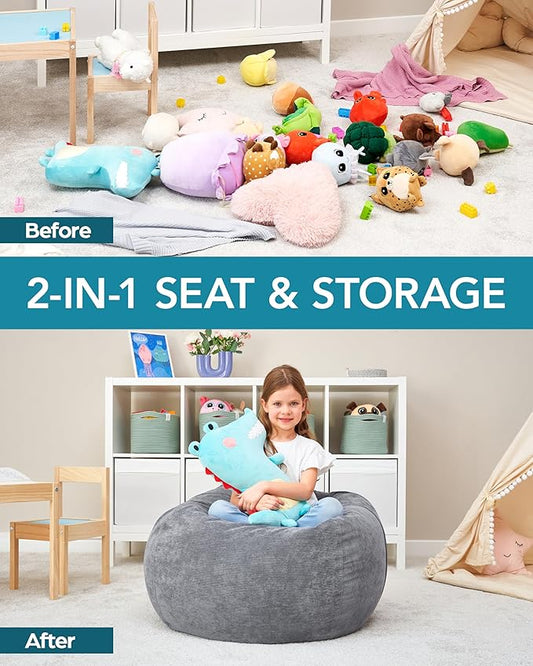 Stuffed Animal Bean Bag Storage (No Filler) - Machine Washable Kids Bean Bag Chair Cover Makes Extra Large Bean Bag Chair Stuff Toys & Soft Items - Stuffed Animal Holder for Kids -Grey Corduroy