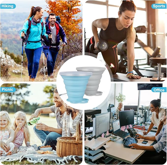 Silicone Collapsible Travel Cup Small 270ml Folding Drinking Cups Silicone Folding Camping Cup for Outdoor Hiking Travel （Blue and Grey,2Pack