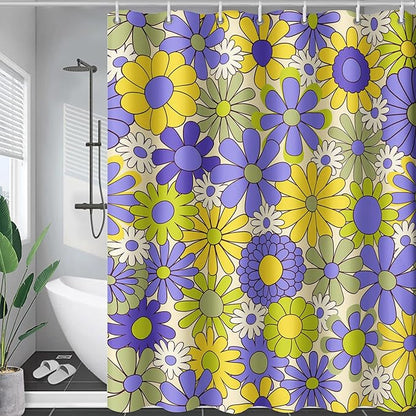 AILONEN Flower Shower Curtain for Bathroom,Polyester Fabric Waterproof,Purple Yellow Plants Flowers Bath Curtains Washable, 72" W x 84" H