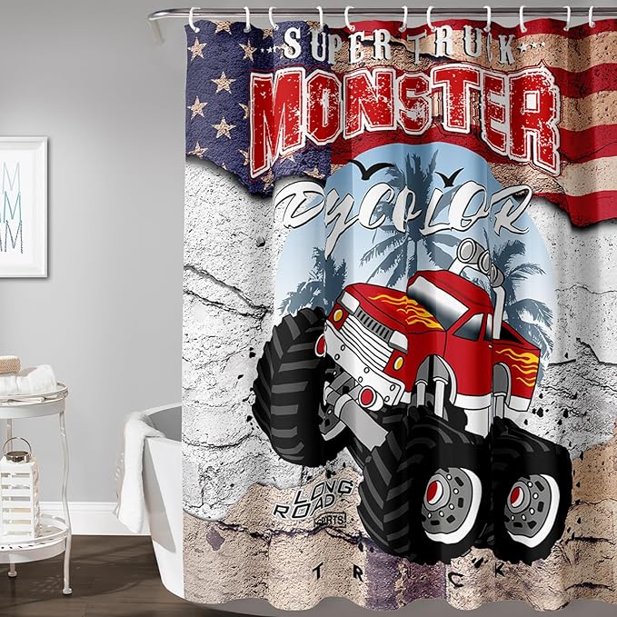 AILONEN Monster Truck Shower Curtain, American Flag Truck Bath Curtain for Boys,Red Truck Car Bathroom Decor Waterproof Fabric 60" W*72" H Inch with 12 Plastic Hooks
