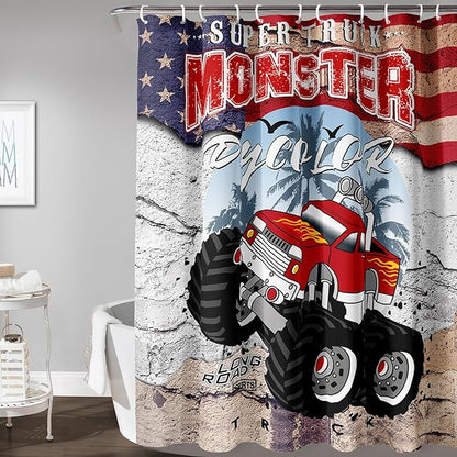 AILONEN Monster Truck Shower Curtain, American Flag Truck Bath Curtain for Boys,Red Truck Car Bathroom Decor Waterproof Fabric 60" W*72" H Inch with 12 Plastic Hooks