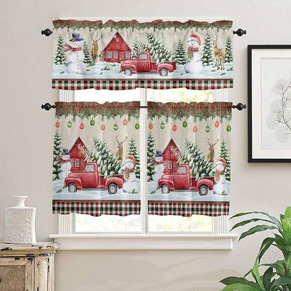 Christmas Kitchen Curtains and Valances Set, Farm Red Truck Window Treatments Tiers Winter Holiday Snowman Semi Sheer Half/Short Curtains for Small Windows Cafe /Living Room/ Bedroom 54x24 in