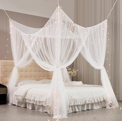 Mengersi Bed Canopy with Lights,4 Corner Post Bed Drapes Canopy for Bed,Canopy Bed Curtains Elegant Bedroom Decoration Accessories