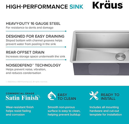 KRAUS KWU110-27 Kore Workstation 27-inch Undermount 16 Gauge Single Bowl Stainless Steel Kitchen Sink with Integrated Ledge and Accessories (Pack of 5)