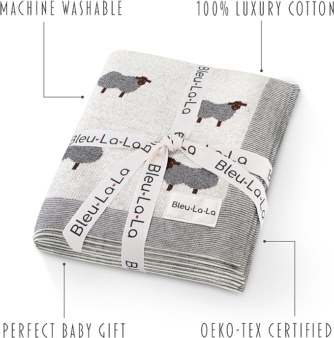 Luxury Cotton Knit Swaddle Baby Blanket - Soft Cozy Lightweight Unisex Receiving Swaddler Crib Stroller Quilt Blanket for Shower Gift Registry for Newborns Infants Toddlers (Sheep - Ivory)