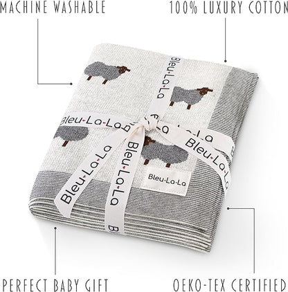 Luxury Cotton Knit Swaddle Baby Blanket - Soft Cozy Lightweight Unisex Receiving Swaddler Crib Stroller Quilt Blanket for Shower Gift Registry for Newborns Infants Toddlers (Sheep - Ivory)