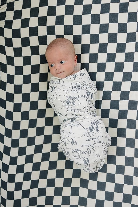 Charcoal Checkered Muslin Crib Sheet by Mebie Baby, Soft and Breathable Bed Sheets for Babies, Modern Neutral Bedding for Cribs, Standard Crib Mattress Fitted Sheet, Great for Boy or Girl Room