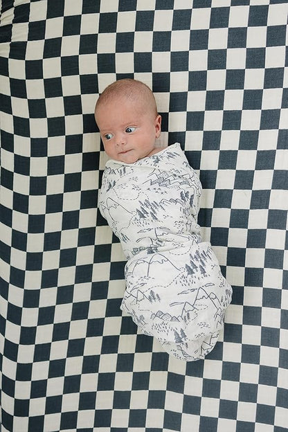 Charcoal Checkered Muslin Crib Sheet by Mebie Baby, Soft and Breathable Bed Sheets for Babies, Modern Neutral Bedding for Cribs, Standard Crib Mattress Fitted Sheet, Great for Boy or Girl Room