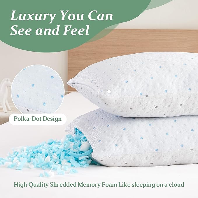 Cooling Standard Pillows Set of 2 Adjustable Height & Firmness Shredded Memory Foam Bed Pillows for Sleeping with Soft Cover Sleeping Pillows for Adults for Side Back Stomach Sleeper