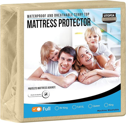 Utopia Bedding Waterproof Mattress Protector Full Size, Premium Terry Mattress Cover 200 GSM, Breathable, Fitted Style with Stretchable Pockets (Beige)