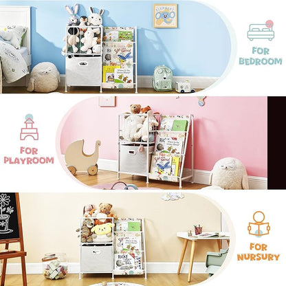 Kids Bookshelf and Toy Storage Organizer, 3 Tier Bookcase Book Shelf Stuffed Animal Storage with Toy Bins for Toddler Kids Rooms, Bedroom, Playroom, Nursery, Montessori Baby Toddler