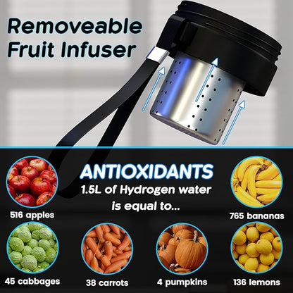 Hydrogen Water Bottle, Hydrogen Water Bottle Generator with Removable Strap and Infuser, 3 Minute Rapid Electrolysis, Portable for Daily Use - Black