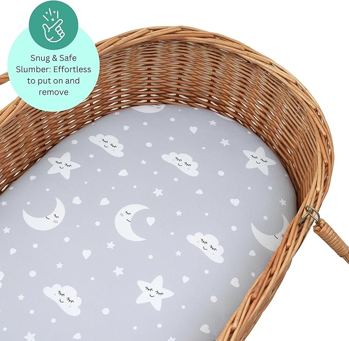 TansyPanda Bassinet Sheets for Baby Delight Snuggle Nest, Chicco LullaGo, Fisher Price, Snoo Smart, 3PC, 18 x 30 Inch, Ultra Soft, Breathable, Snug Fit, Unisex Boys, Girls (Moon, Stars, Clouds)