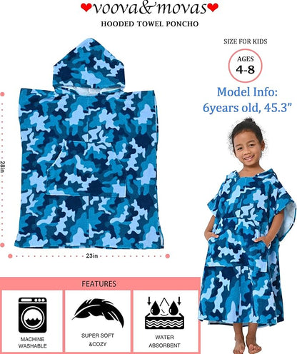 VOOVA & MOVAS Toddler Towels Robe, 4-8 Years, 100% Cotton Poncho Towel, Absorbent Thick Hooded Towel Dress for Boys | Girls,Surf Poncho for Pool | Beach | Bath | Swim, Blue Camo