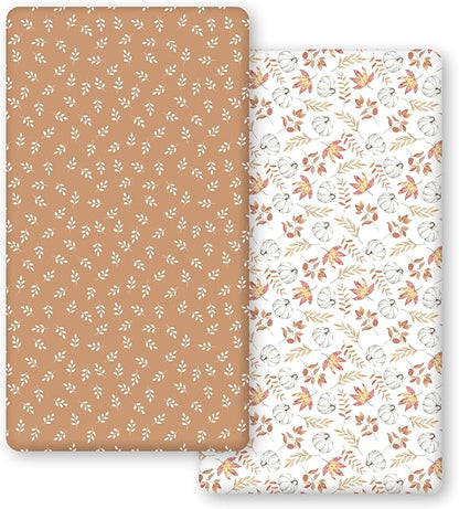 Horaldaily 2 Pack Fitted Crib Sheet for Boys Girls,Soft Breathable Washable Jersey Microfiber Baby Crib Sheet, Fits Standard Size Crib Mattress 28in x 52in, Floral Pumpkin Nursery Sheet White/Orange