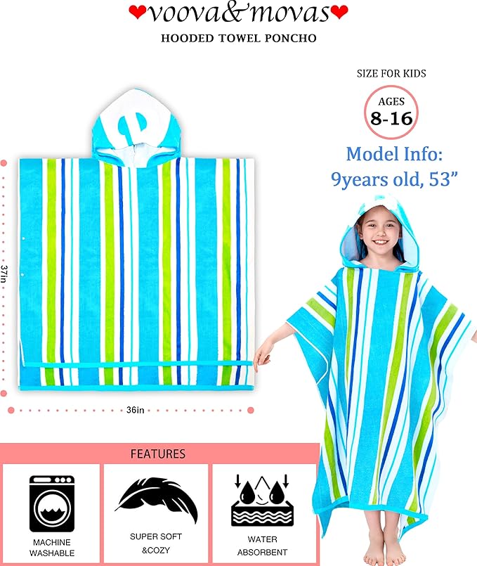 VOOVA & MOVAS Big Kids Towel Poncho with Hood (8-16Years), 100% Cotton Thick Poncho Towel Robe for Kids, Perfect for Pool, Beach, Bathroom, Blue Green Stripe