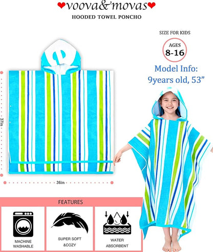 VOOVA & MOVAS Big Kids Towel Poncho with Hood (8-16Years), 100% Cotton Thick Poncho Towel Robe for Kids, Perfect for Pool, Beach, Bathroom, Blue Green Stripe